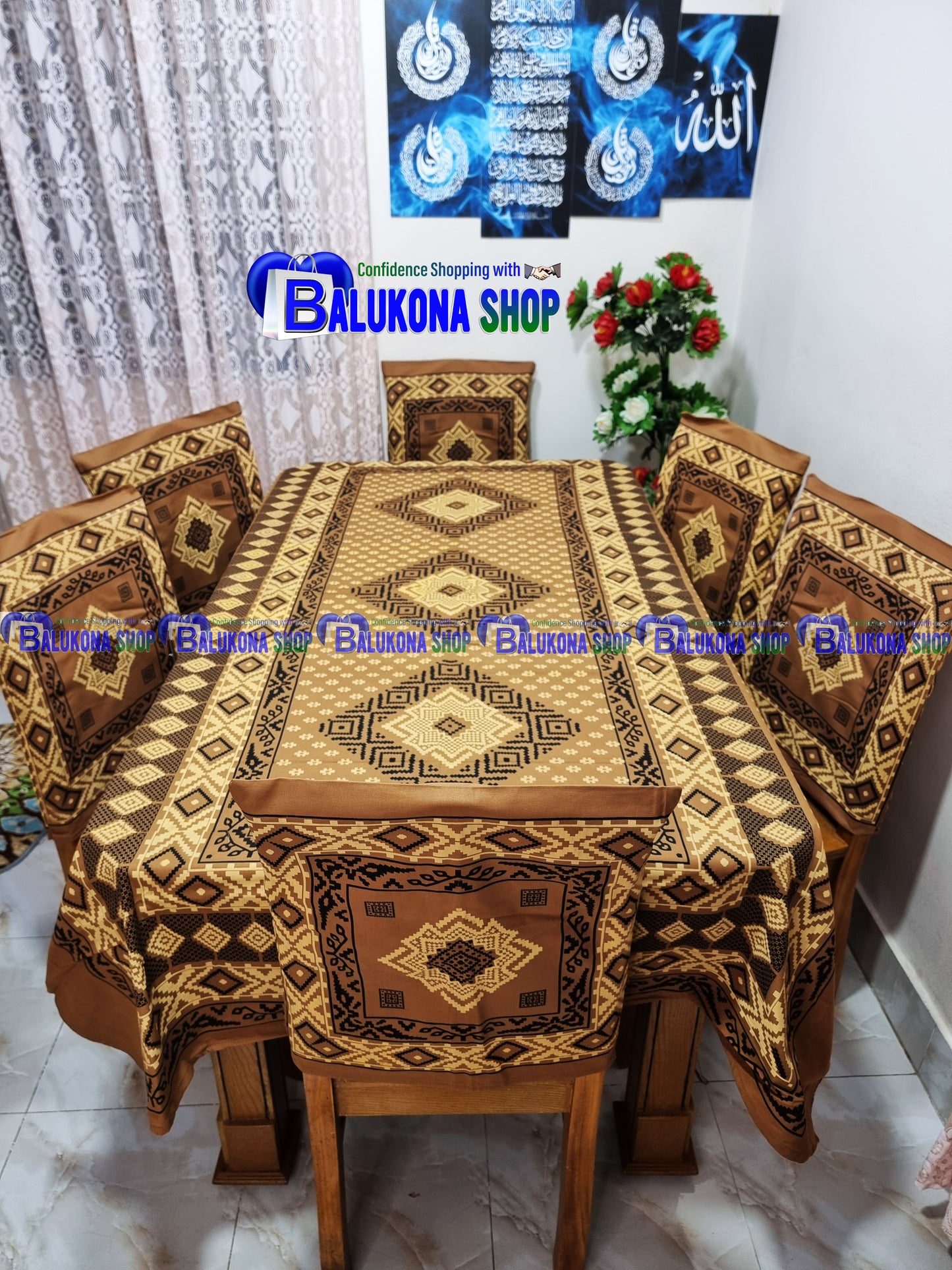 ব্লক প্রিন্ট সুতির ডাইনিং টেবিল কভার সেট