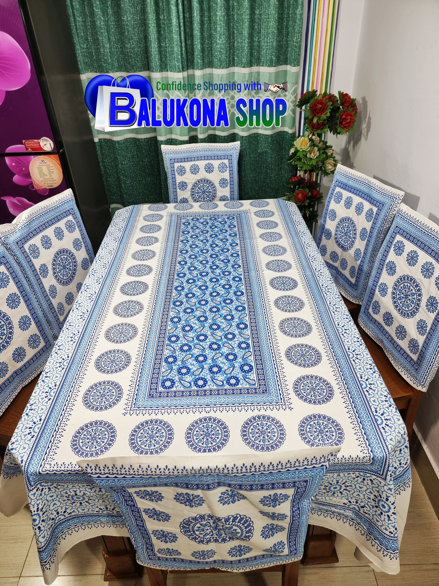 ব্লক প্রিন্ট সুতির ডাইনিং টেবিল কভার সেট