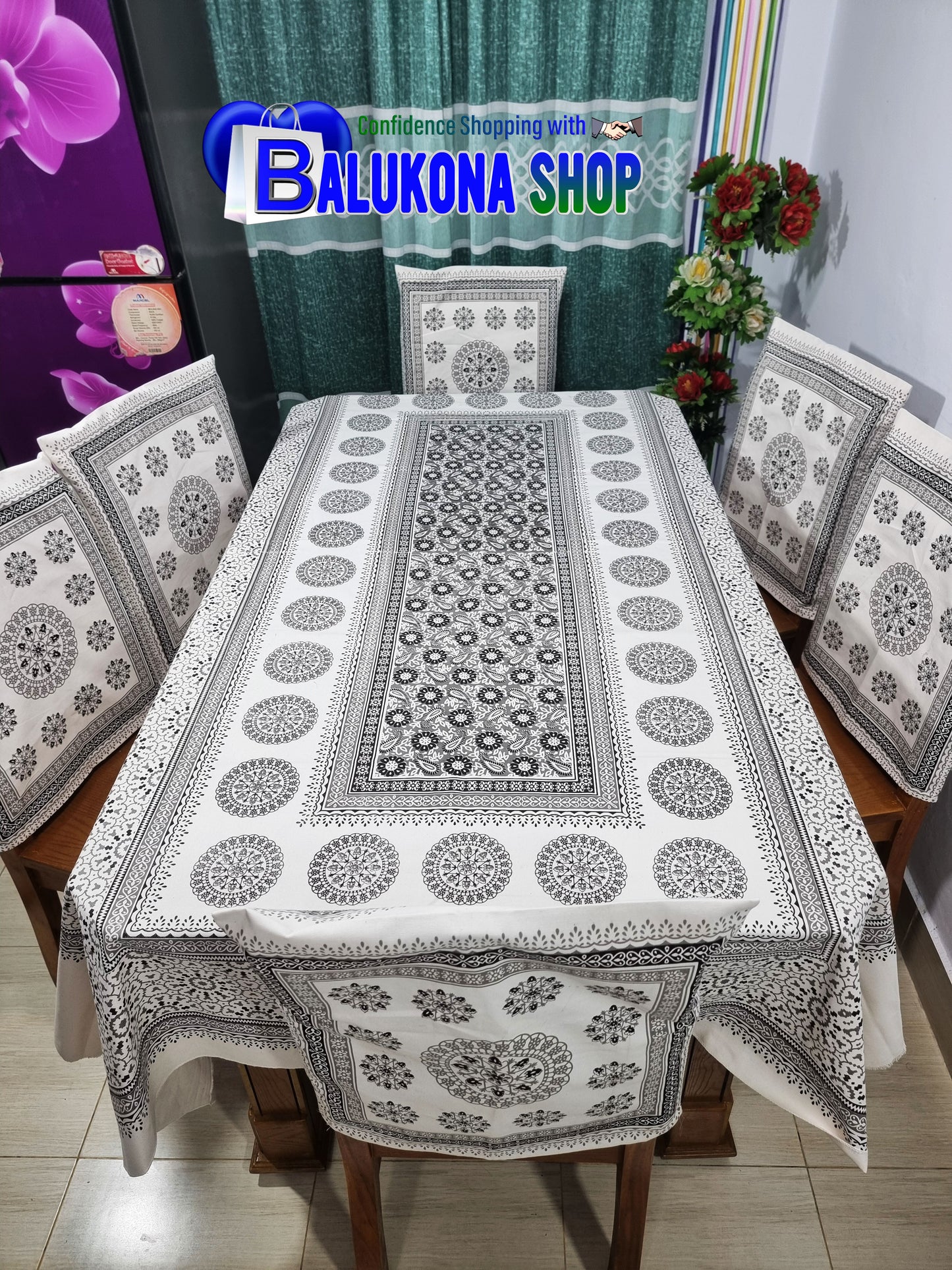 ব্লক প্রিন্ট সুতির ডাইনিং টেবিল কভার সেট