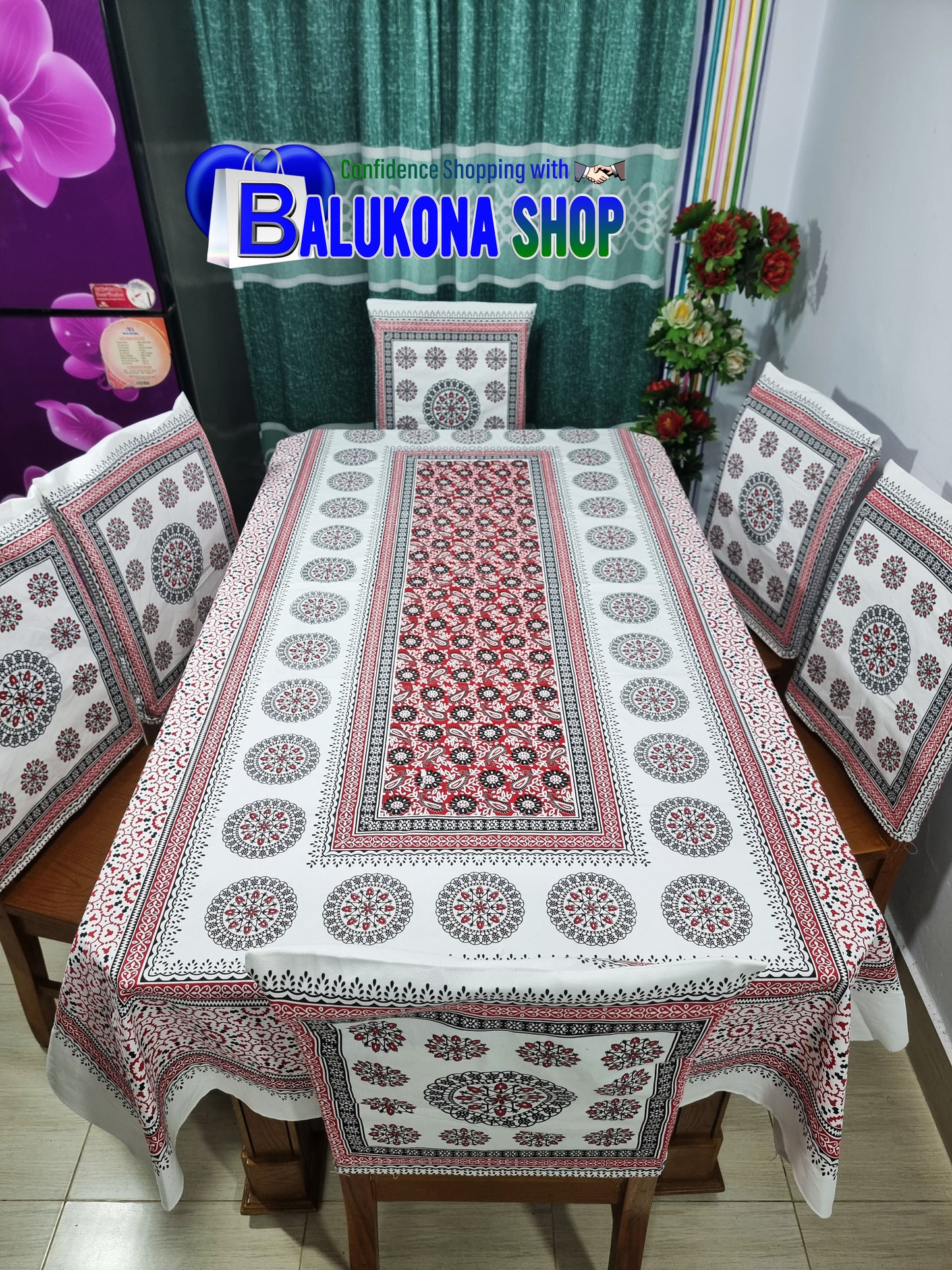 ব্লক প্রিন্ট সুতির ডাইনিং টেবিল কভার সেট