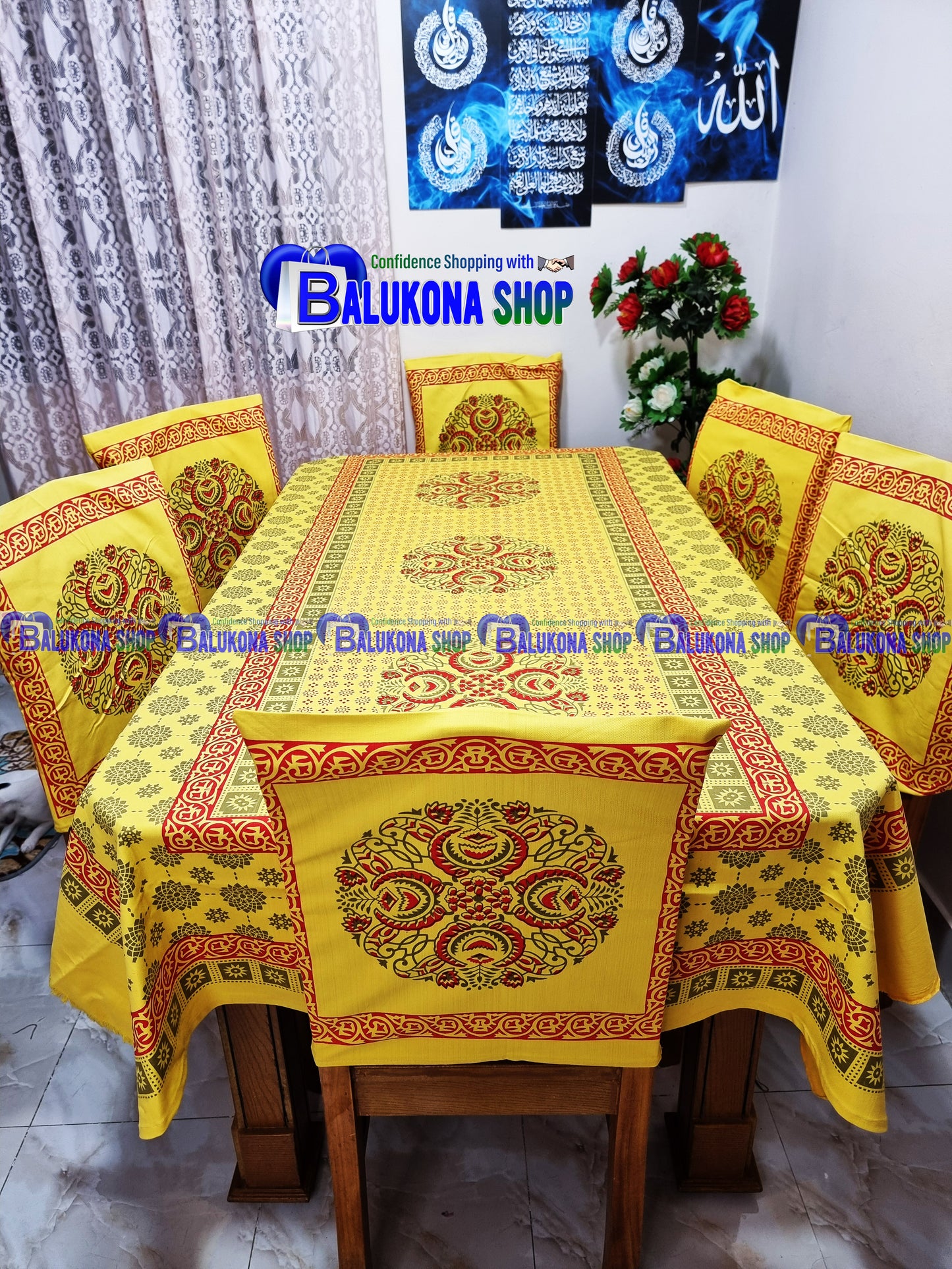 ব্লক প্রিন্ট সুতির ডাইনিং টেবিল কভার সেট