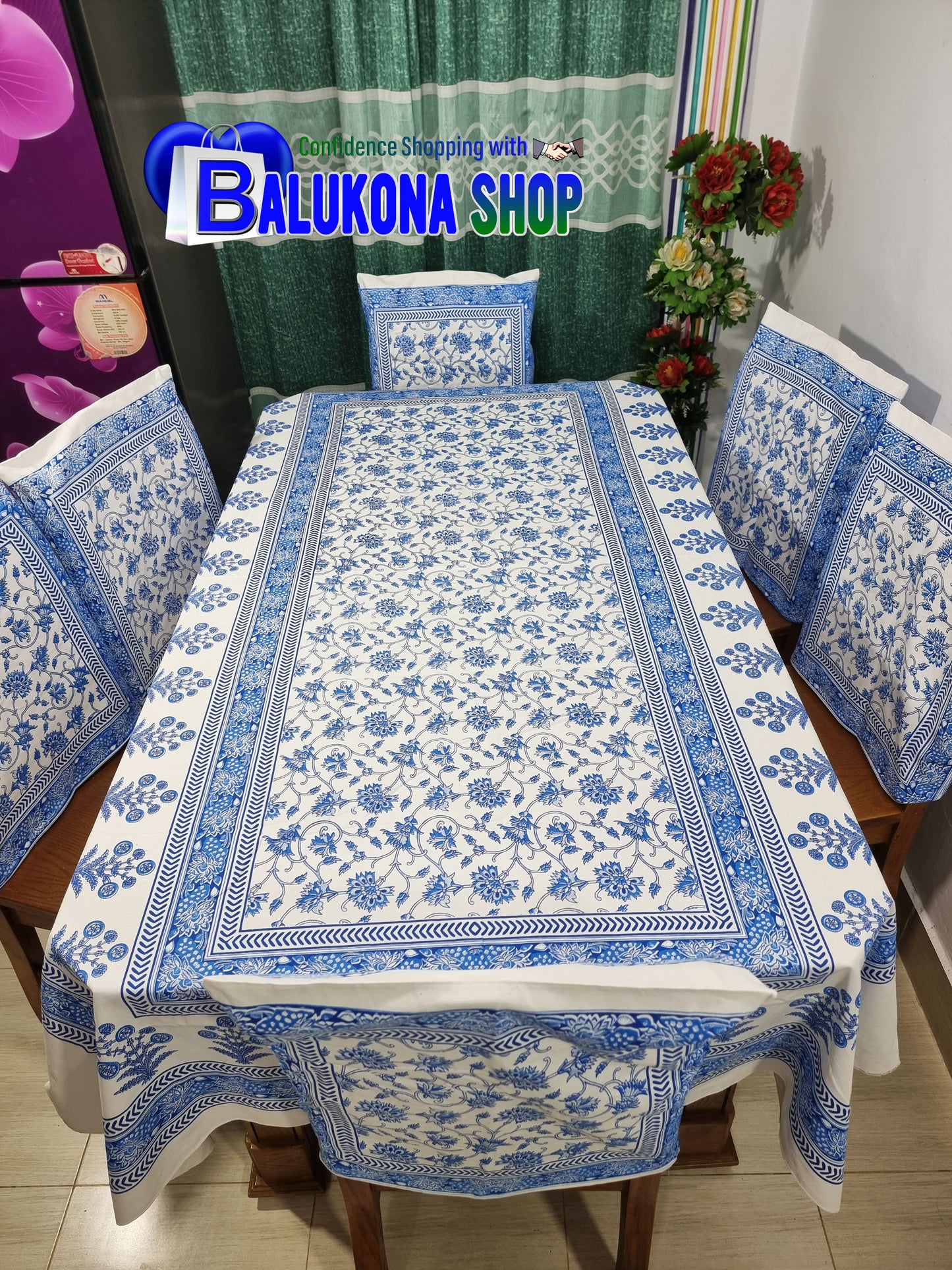 ব্লক প্রিন্ট সুতির ডাইনিং টেবিল কভার সেট