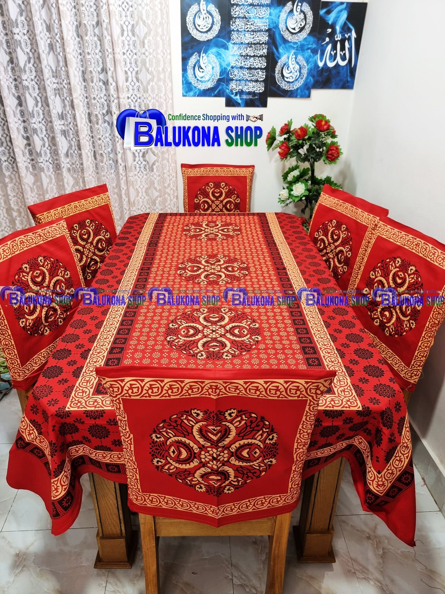 ব্লক প্রিন্ট সুতির ডাইনিং টেবিল কভার সেট