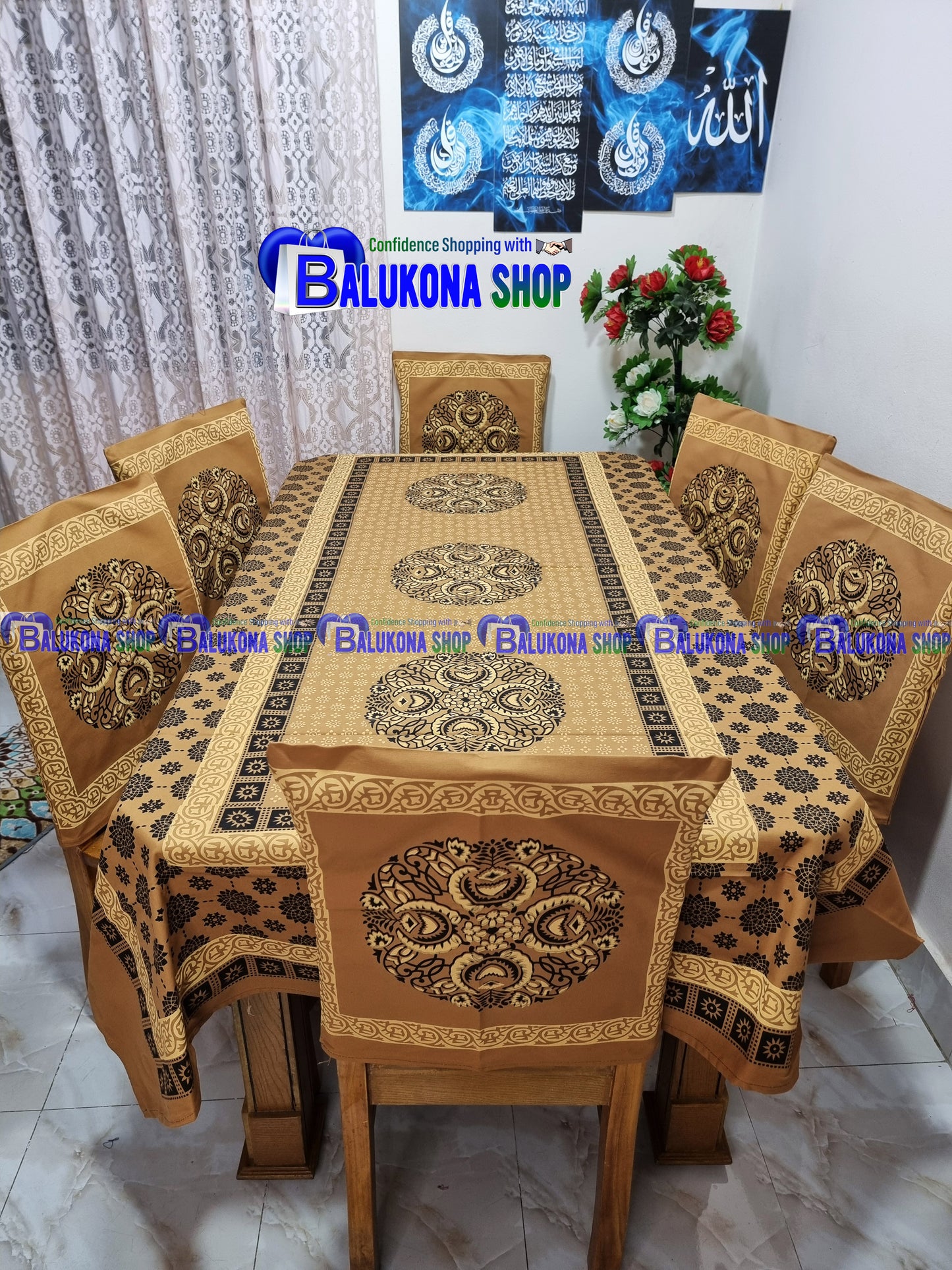 ব্লক প্রিন্ট সুতির ডাইনিং টেবিল কভার সেট