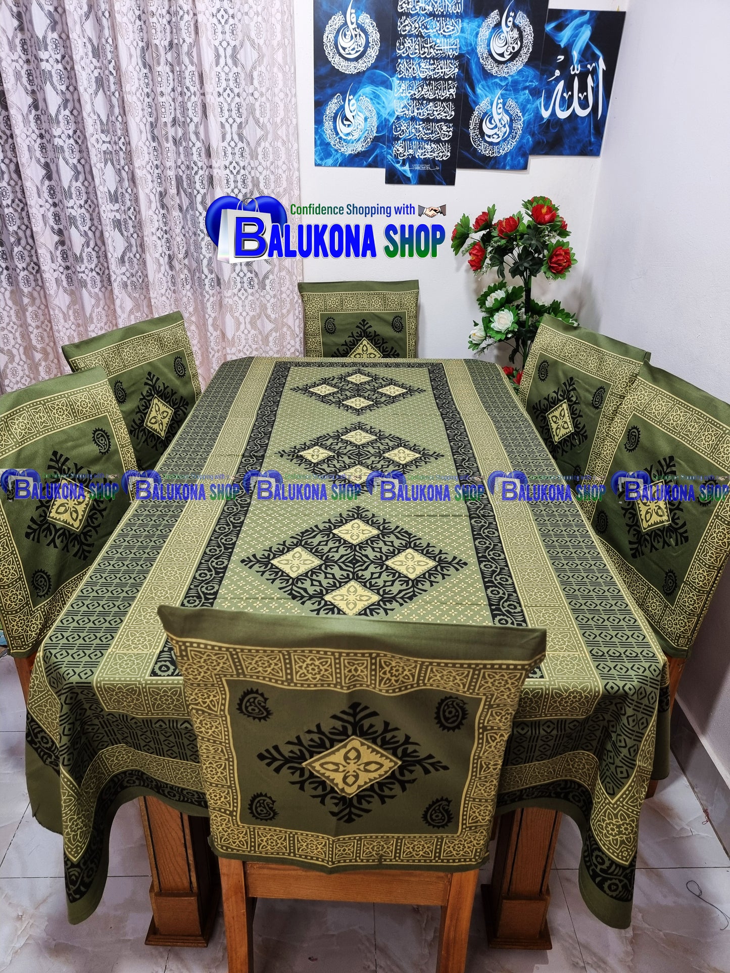 ব্লক প্রিন্ট সুতির ডাইনিং টেবিল কভার সেট