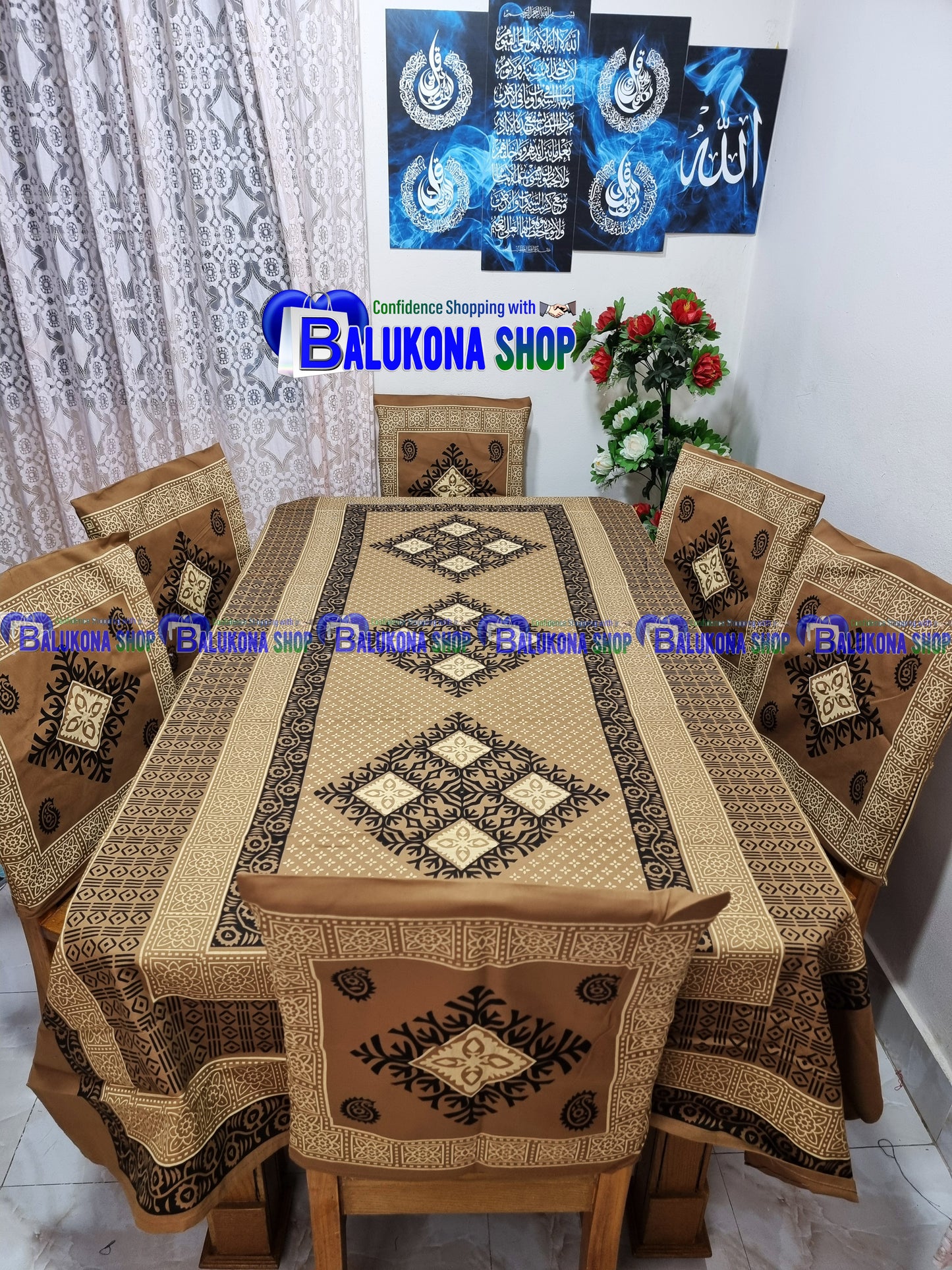 ব্লক প্রিন্ট সুতির ডাইনিং টেবিল কভার সেট