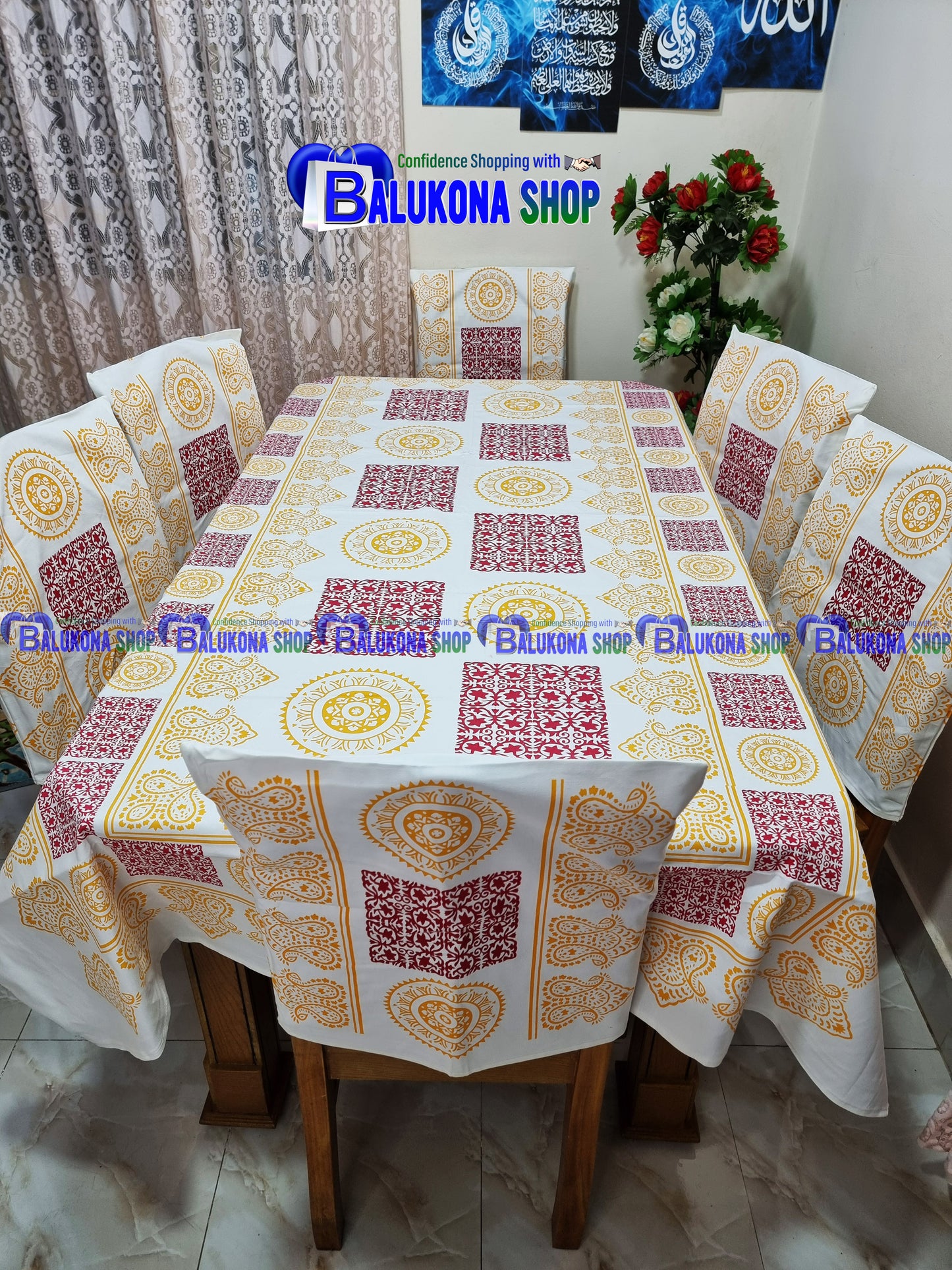 ব্লক প্রিন্ট সুতির ডাইনিং টেবিল কভার সেট
