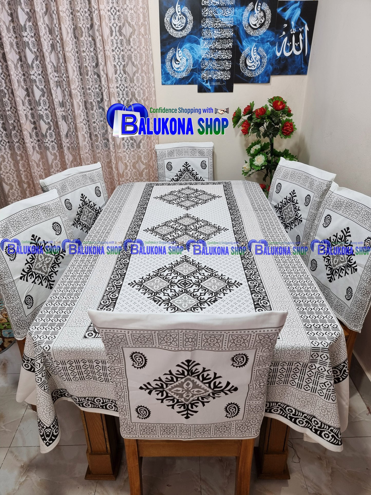 ব্লক প্রিন্ট সুতির ডাইনিং টেবিল কভার সেট