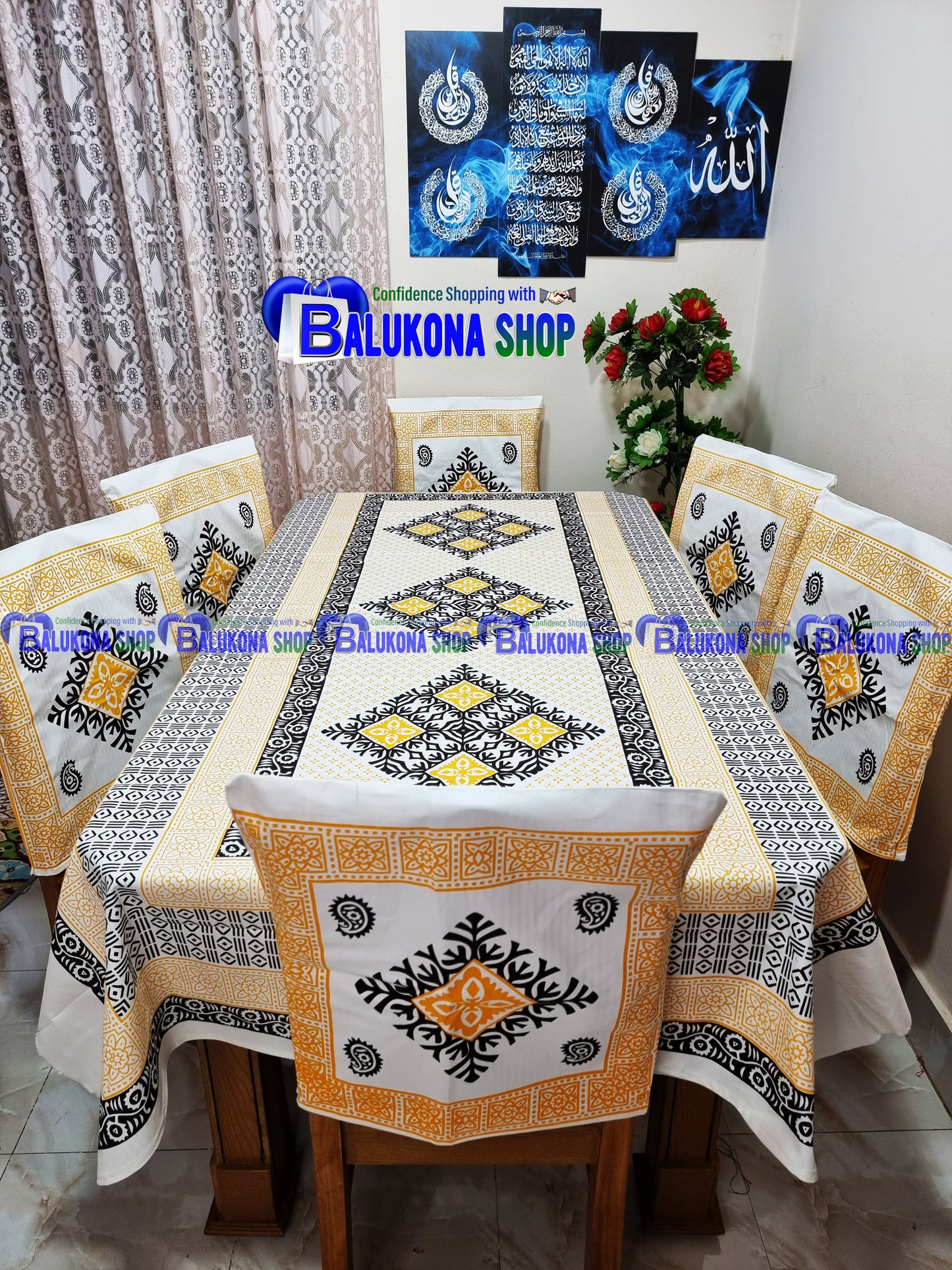 ব্লক প্রিন্ট সুতির ডাইনিং টেবিল কভার সেট