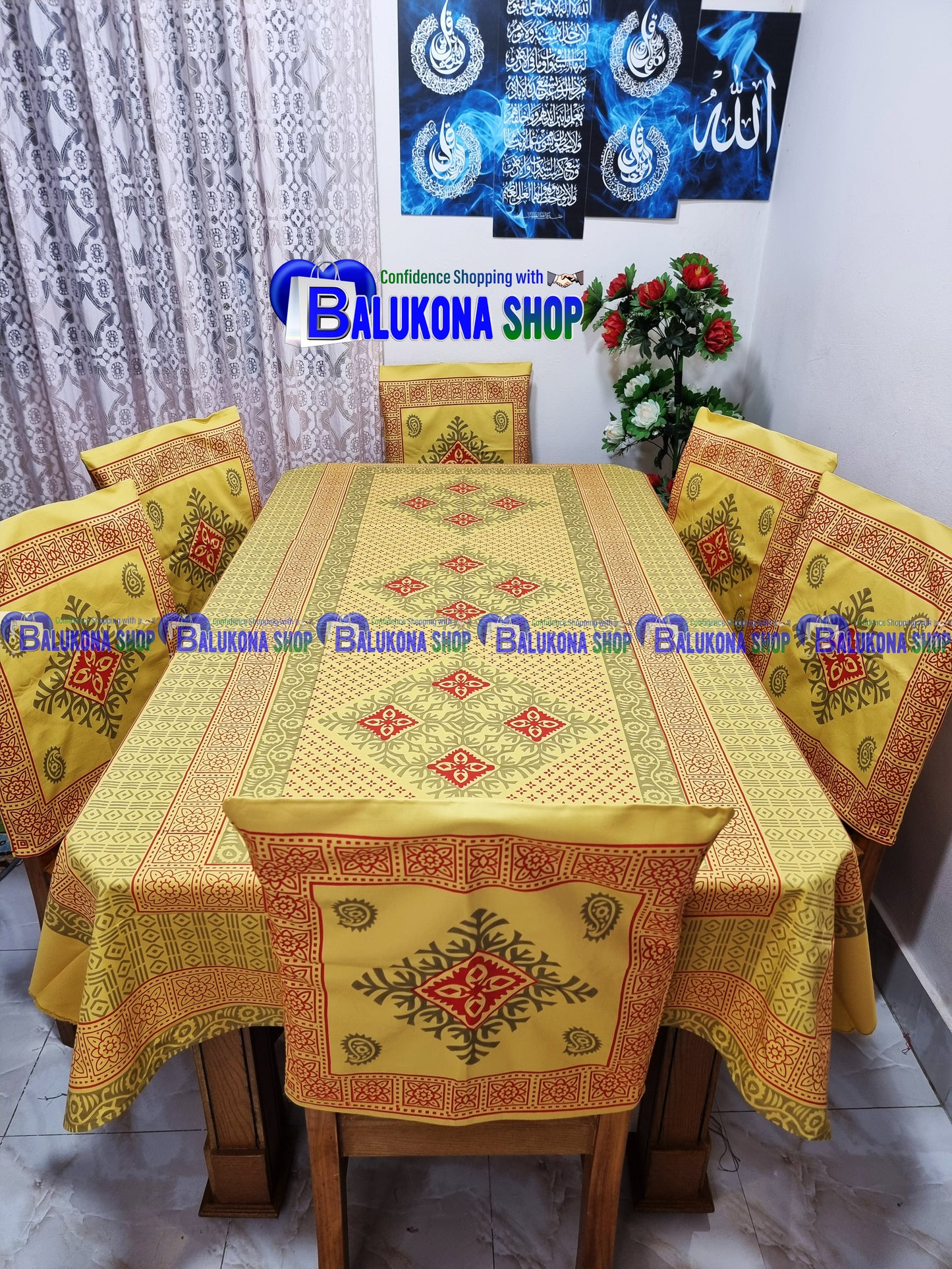 ব্লক প্রিন্ট সুতির ডাইনিং টেবিল কভার সেট
