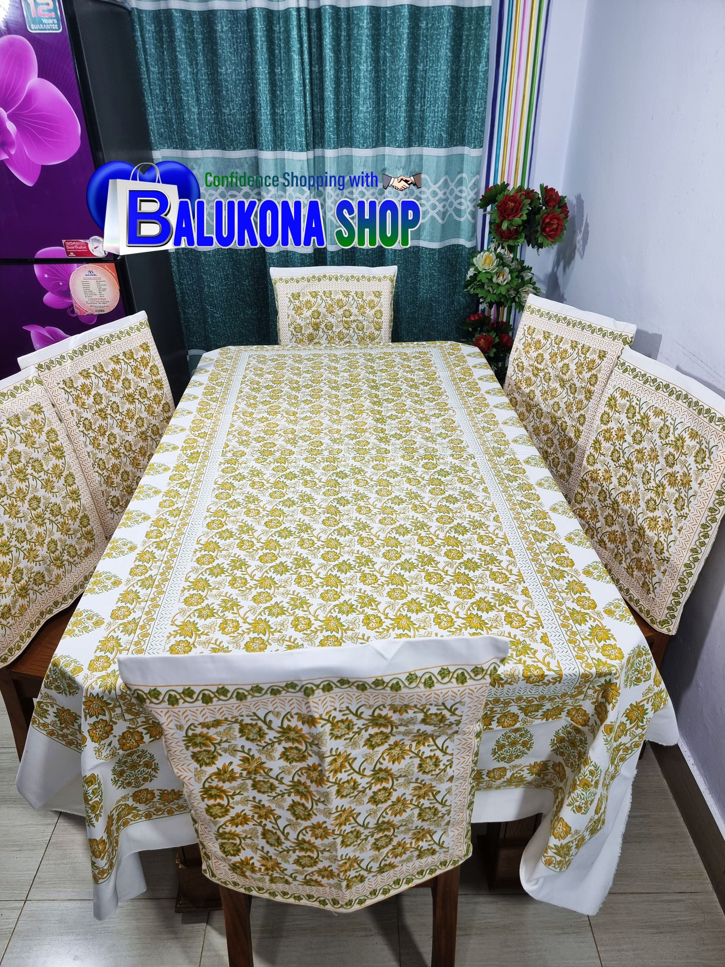 ব্লক প্রিন্ট সুতির ডাইনিং টেবিল কভার সেট