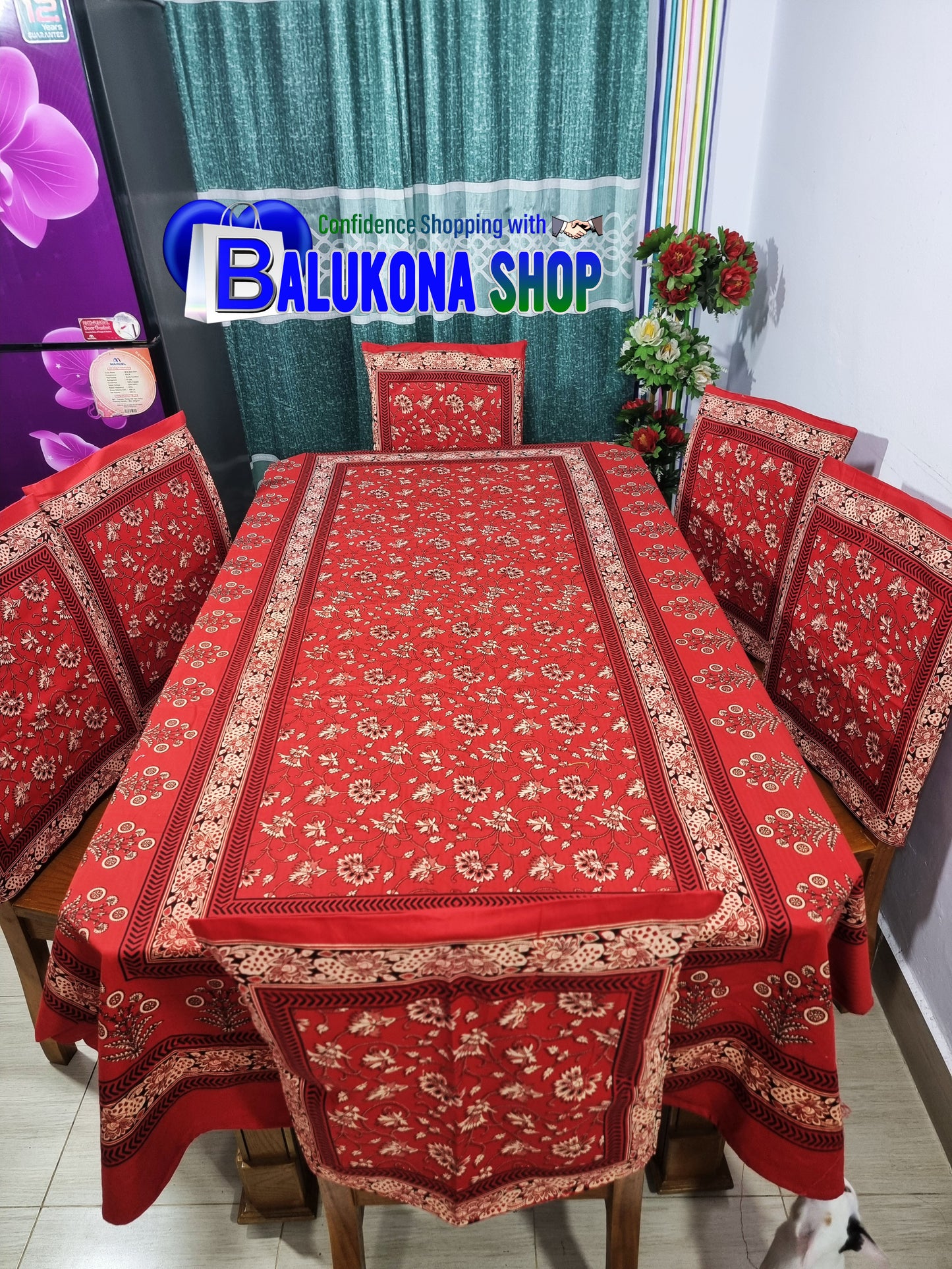 ব্লক প্রিন্ট সুতির ডাইনিং টেবিল কভার সেট