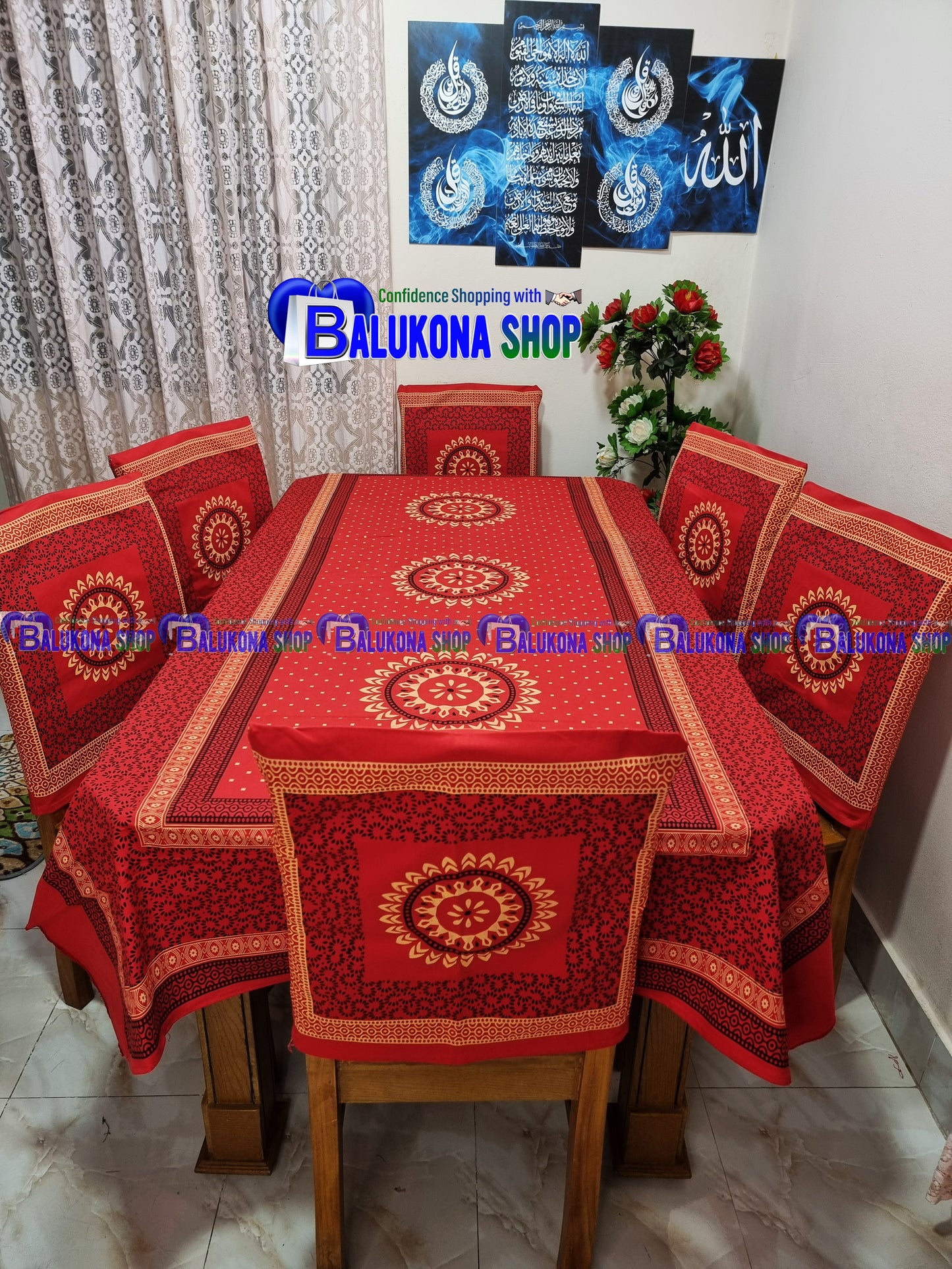 ব্লক প্রিন্ট সুতির ডাইনিং টেবিল কভার সেট