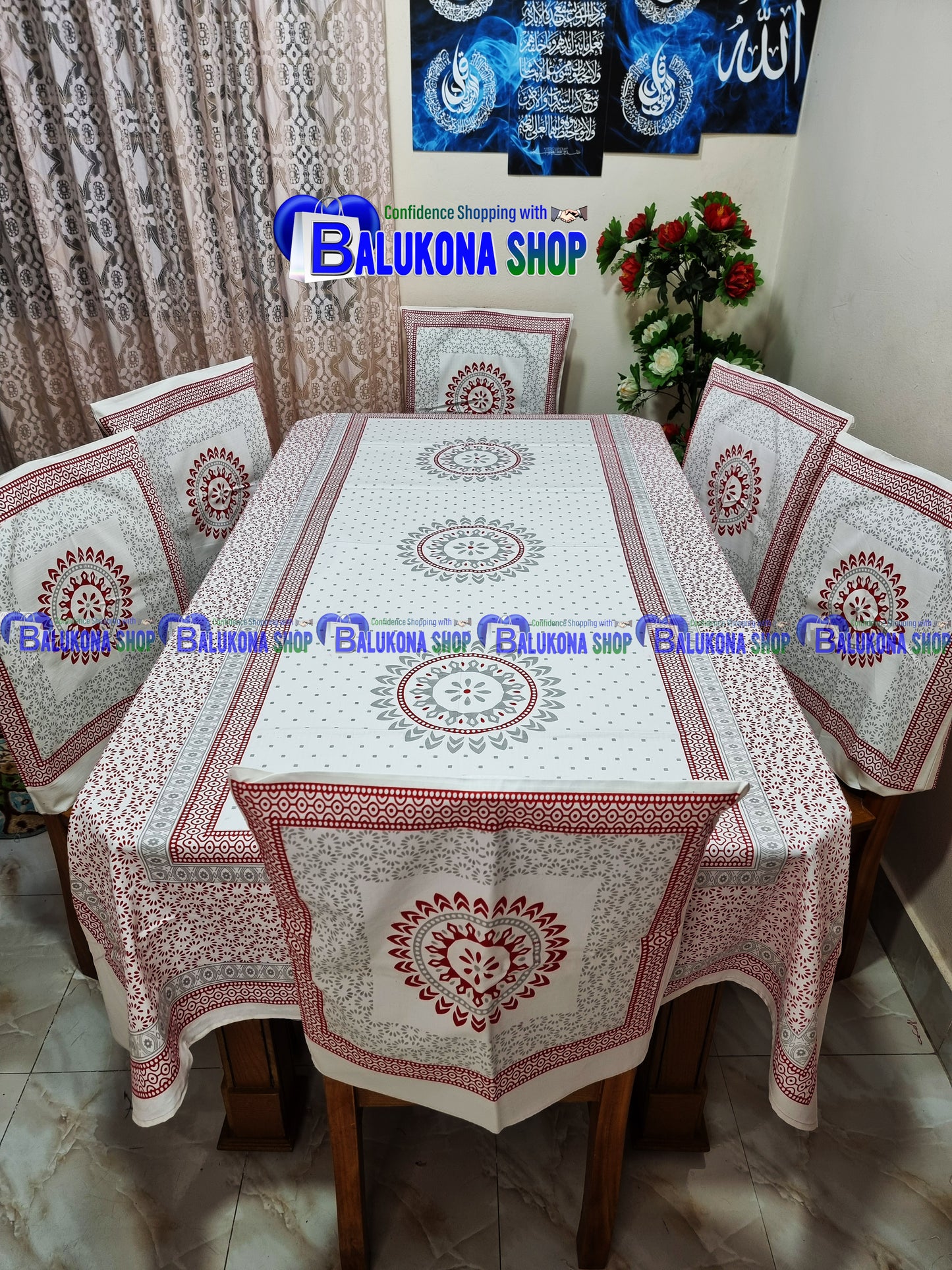 ব্লক প্রিন্ট সুতির ডাইনিং টেবিল কভার সেট