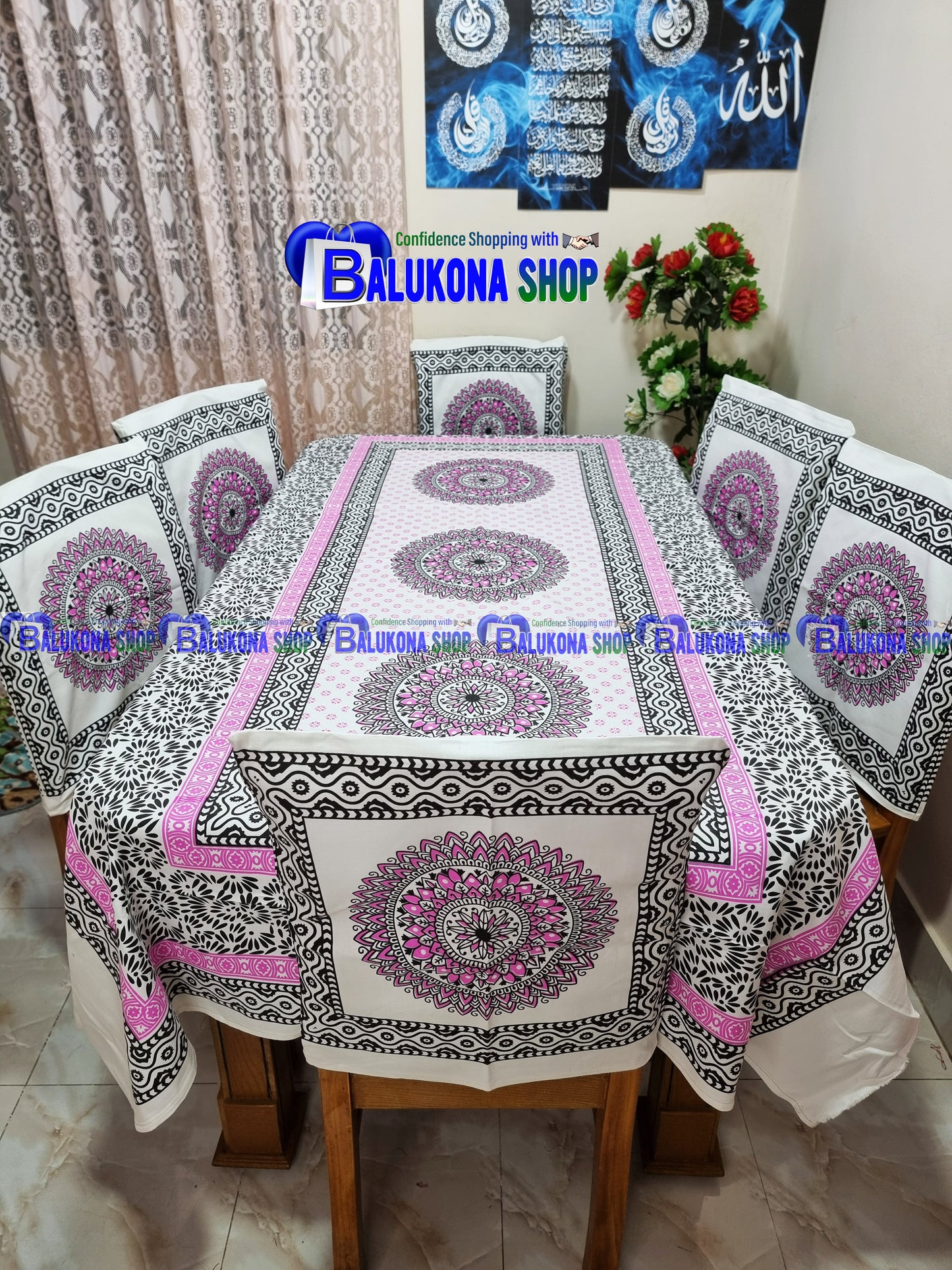ব্লক প্রিন্ট সুতির ডাইনিং টেবিল কভার সেট