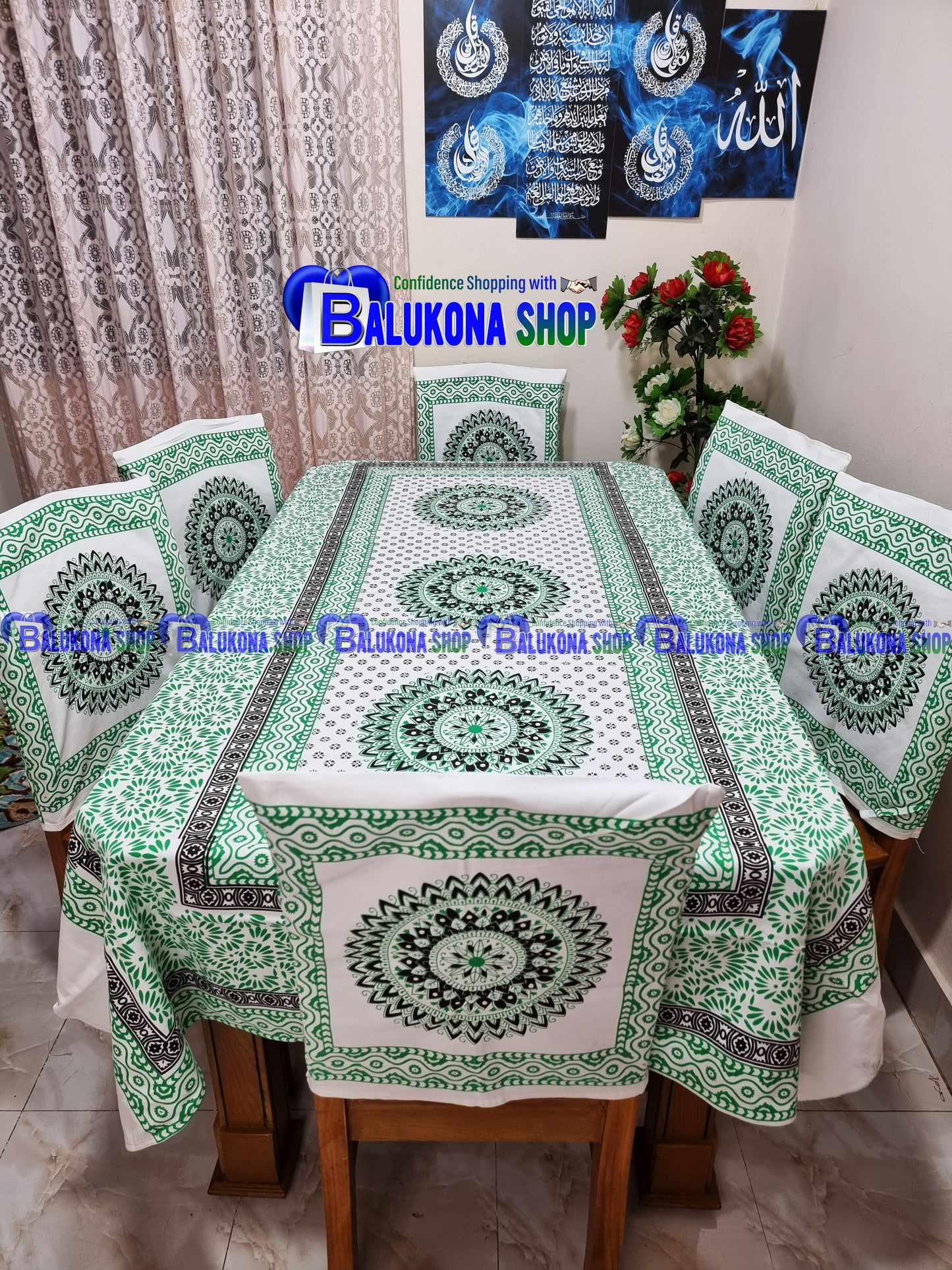 ব্লক প্রিন্ট সুতির ডাইনিং টেবিল কভার সেট