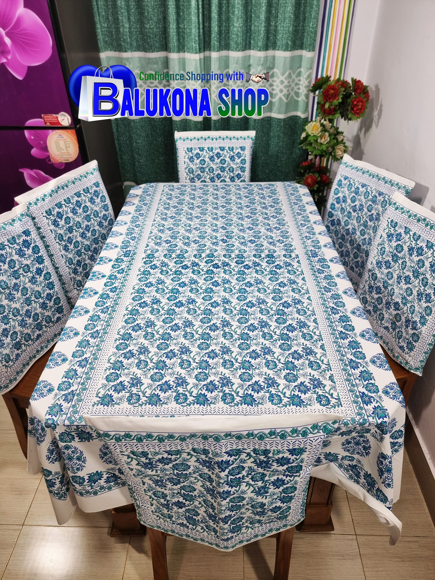 ব্লক প্রিন্ট সুতির ডাইনিং টেবিল কভার সেট