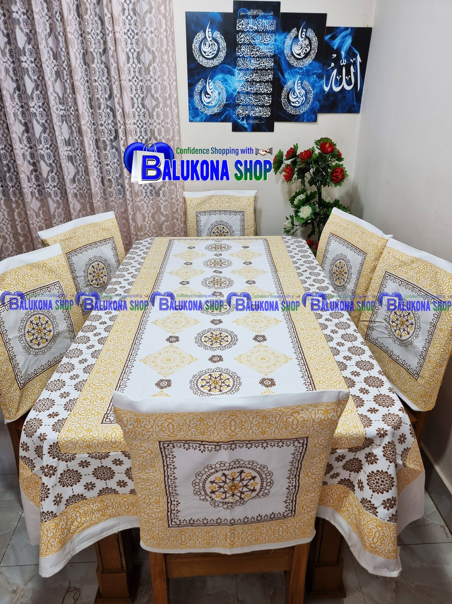 ব্লক প্রিন্ট সুতির ডাইনিং টেবিল কভার সেট