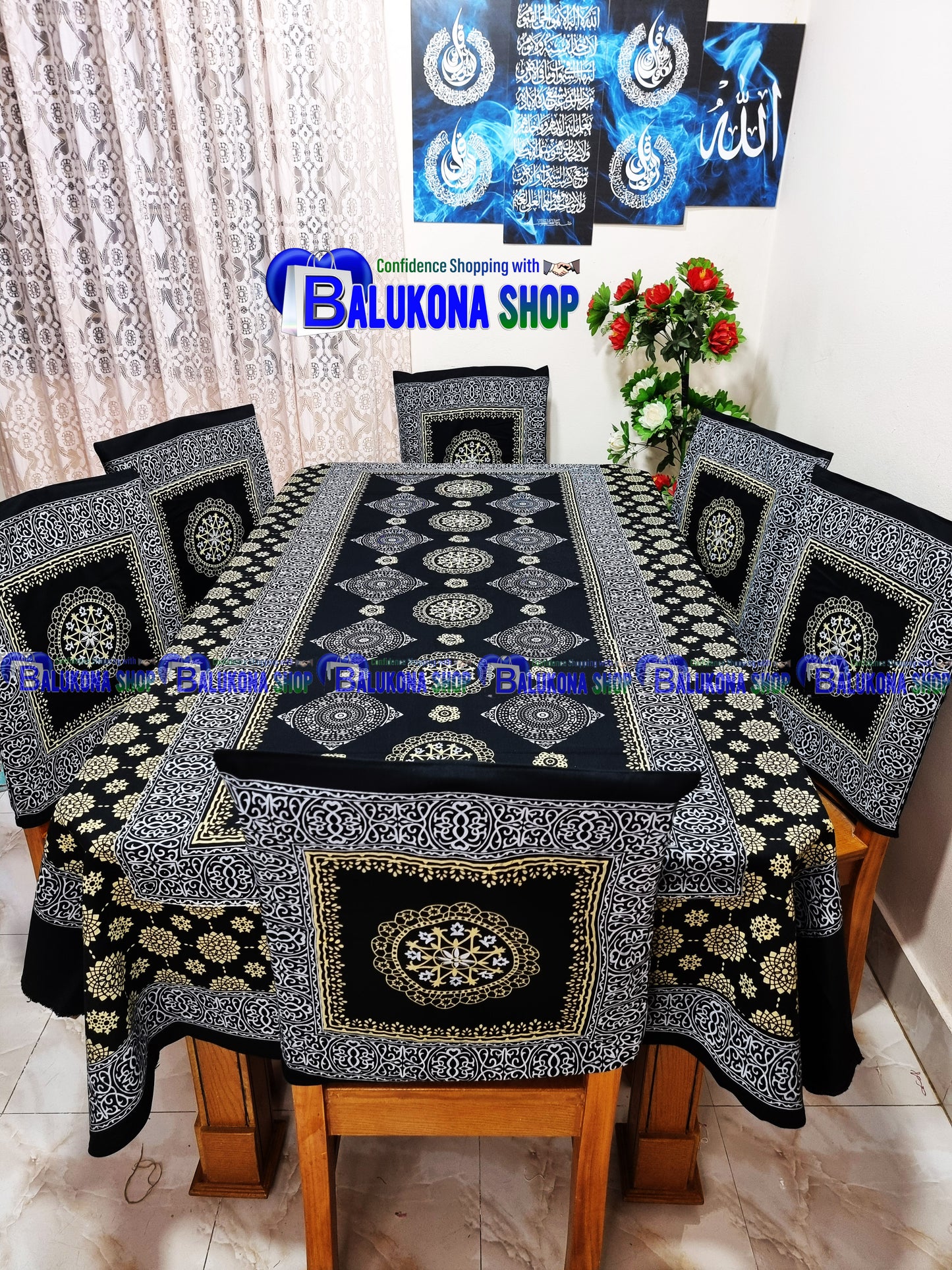 ব্লক প্রিন্ট সুতির ডাইনিং টেবিল কভার সেট
