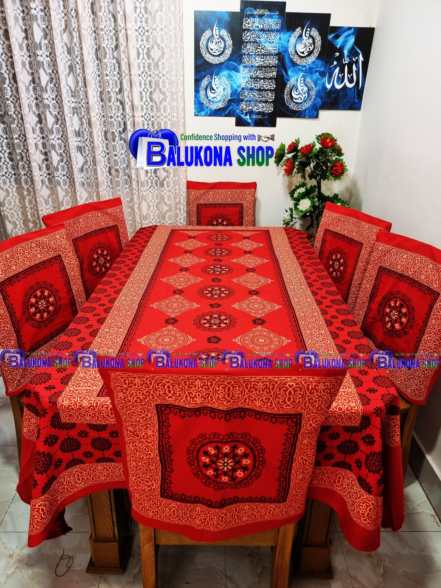 ব্লক প্রিন্ট সুতির ডাইনিং টেবিল কভার সেট