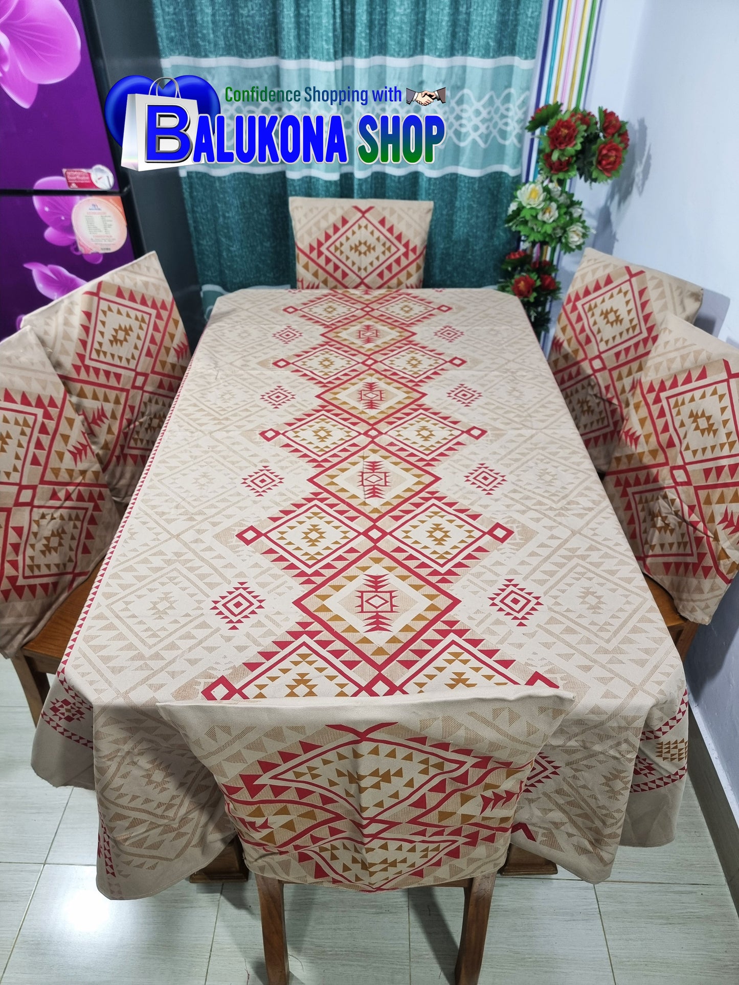 ব্লক প্রিন্ট সুতির ডাইনিং টেবিল কভার সেট