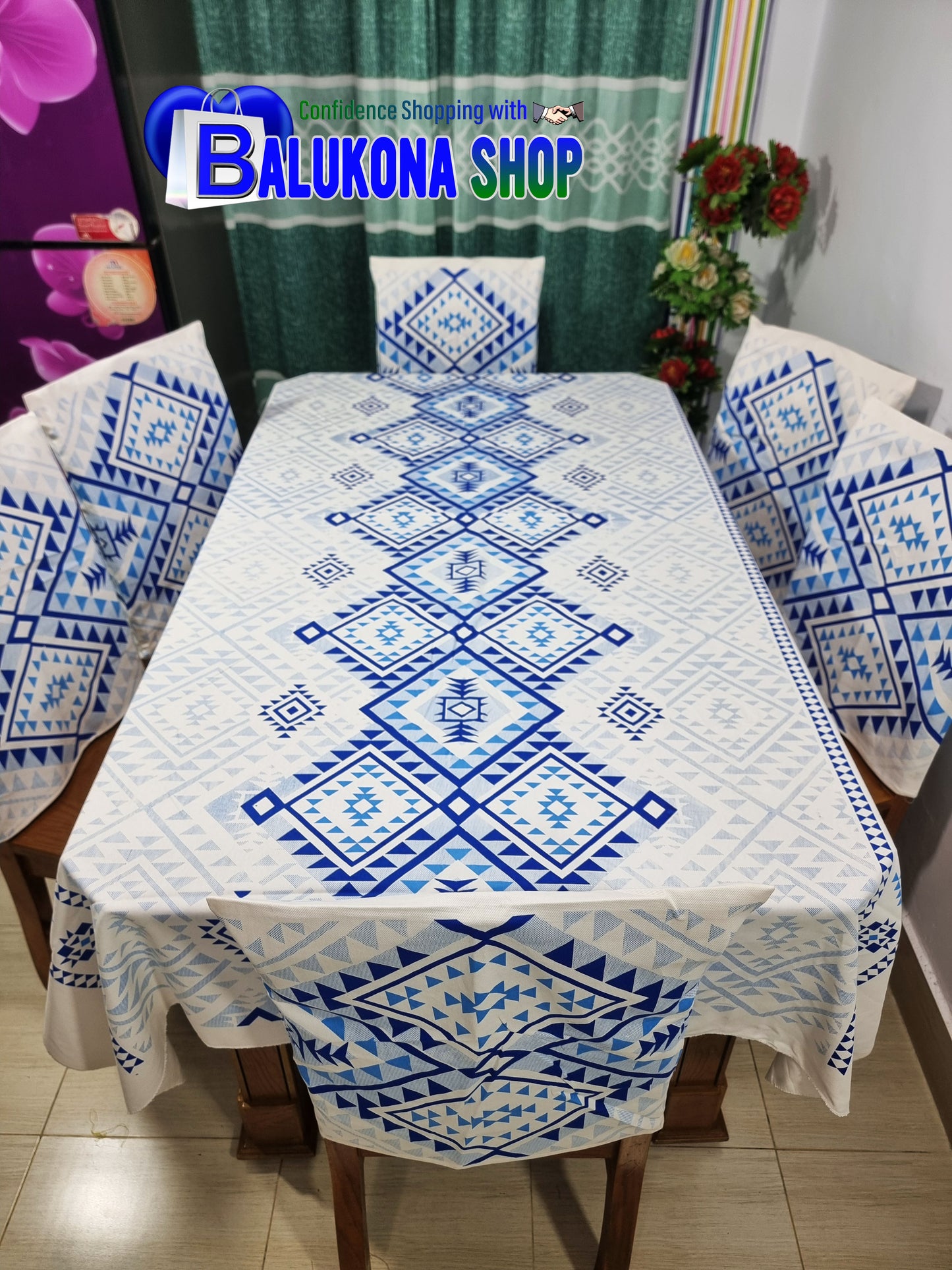 ব্লক প্রিন্ট সুতির ডাইনিং টেবিল কভার সেট