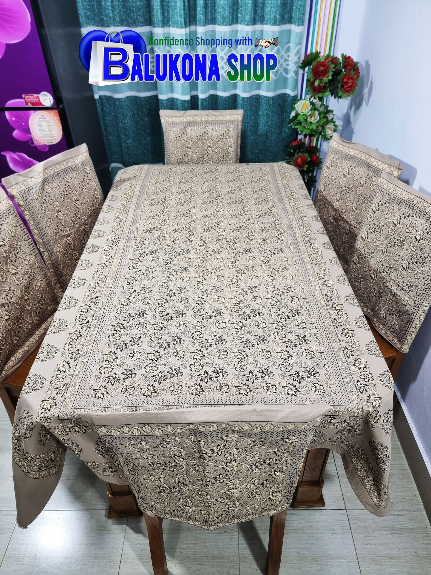 ব্লক প্রিন্ট সুতির ডাইনিং টেবিল কভার সেট