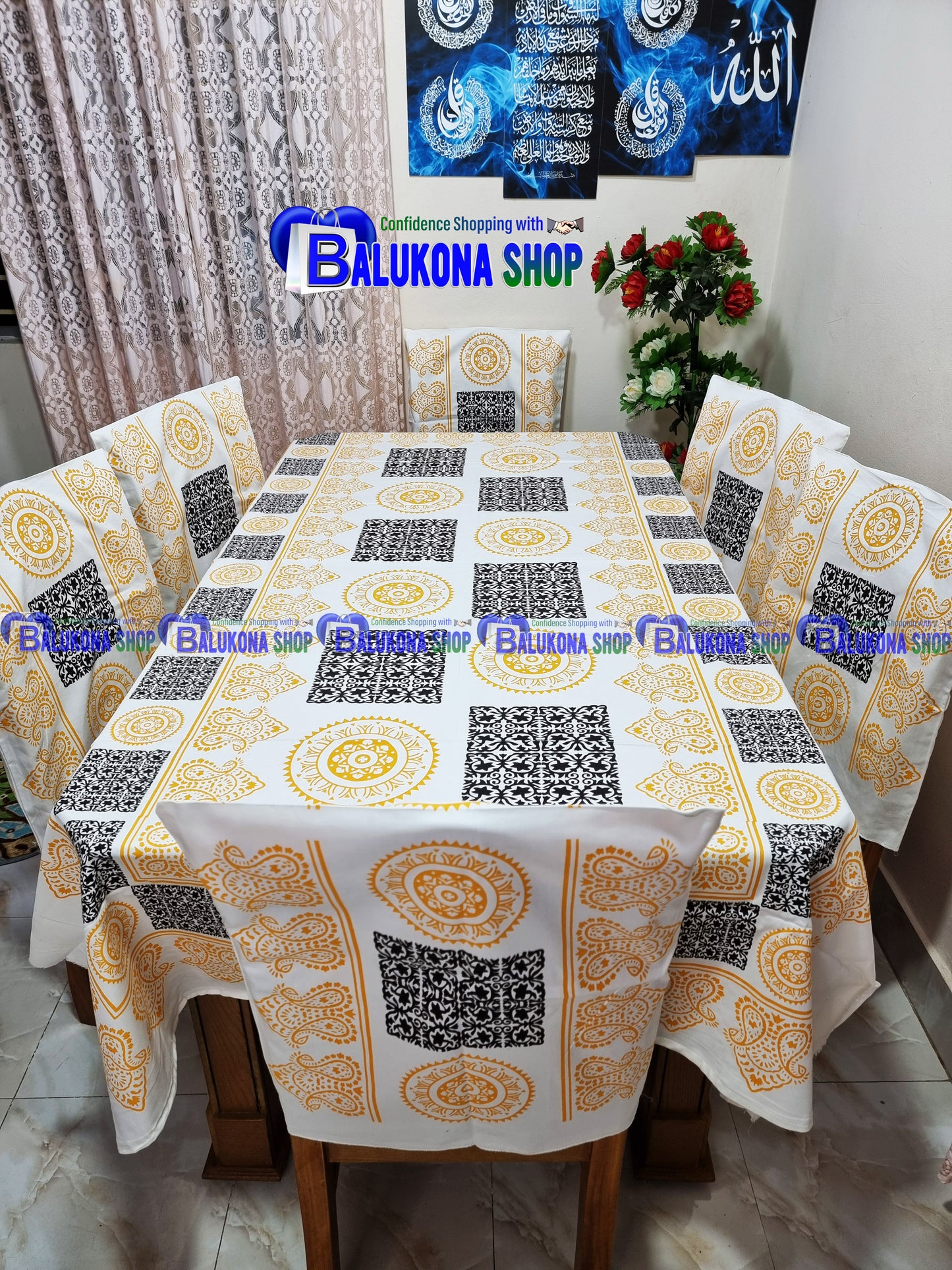 ব্লক প্রিন্ট সুতির ডাইনিং টেবিল কভার সেট