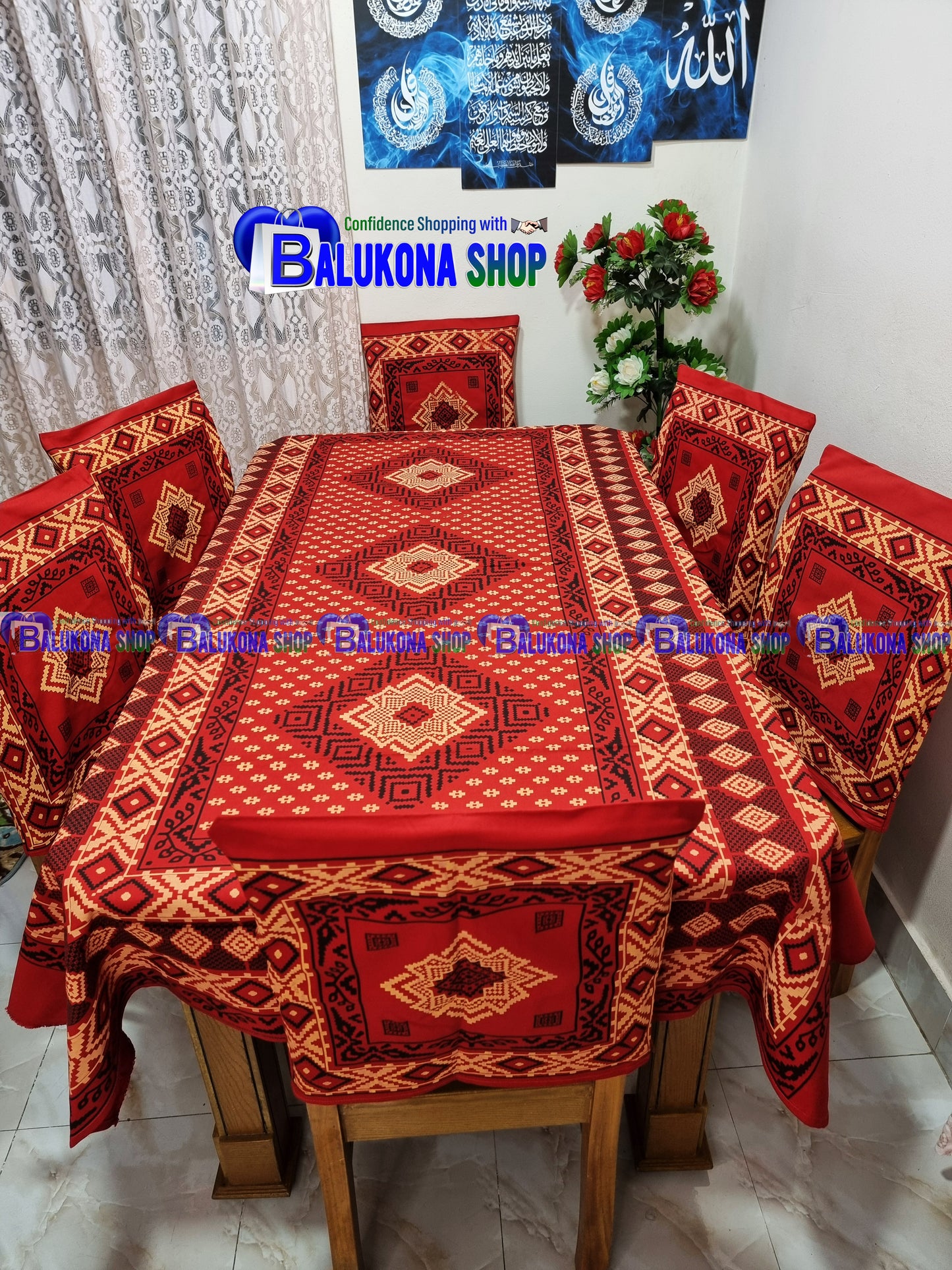 ব্লক প্রিন্ট সুতির ডাইনিং টেবিল কভার সেট