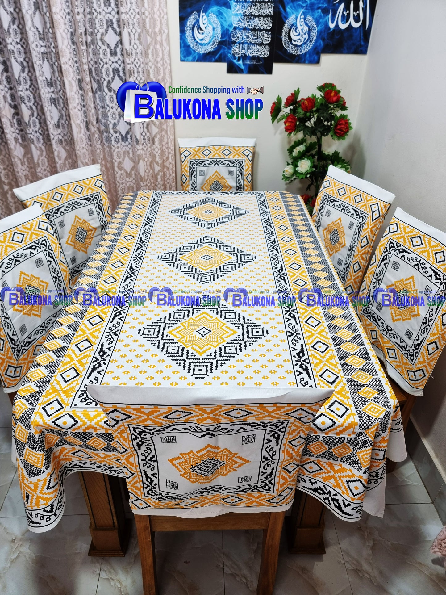 ব্লক প্রিন্ট সুতির ডাইনিং টেবিল কভার সেট