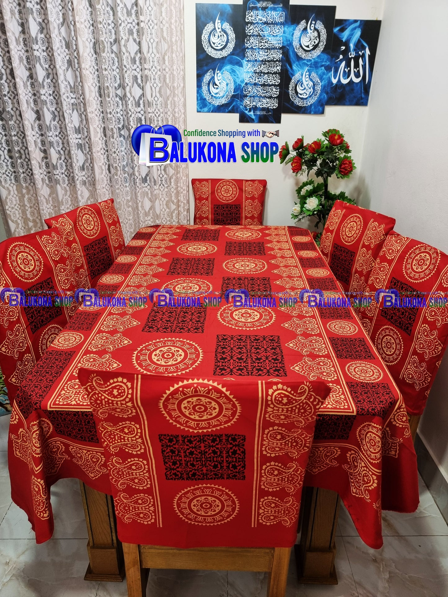 ব্লক প্রিন্ট সুতির ডাইনিং টেবিল কভার সেট