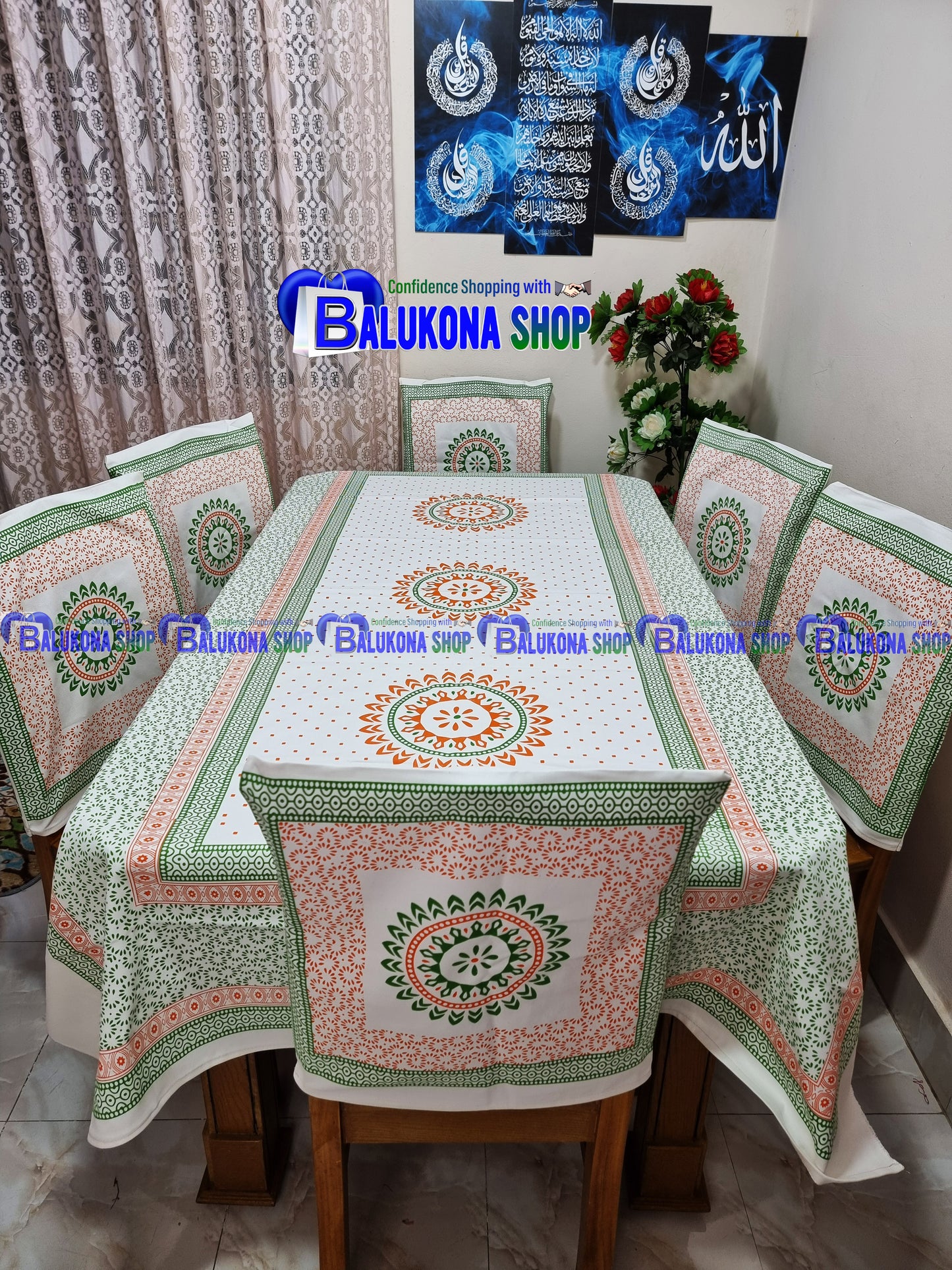 ব্লক প্রিন্ট সুতির ডাইনিং টেবিল কভার সেট